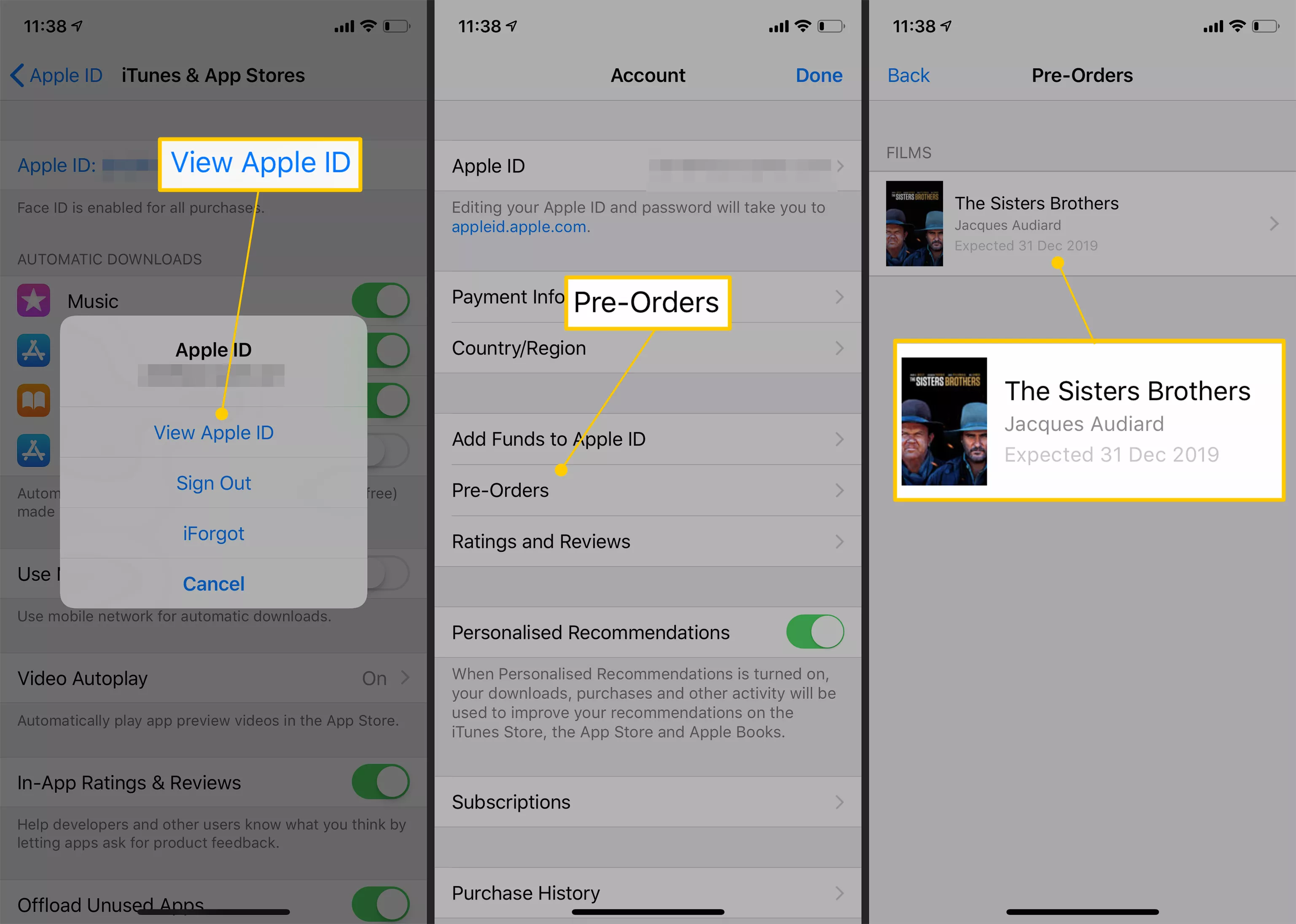 iPhone-Screenshots, die zeigen, wie Sie Vorbestellungen finden, die Sie derzeit bei iTunes haben