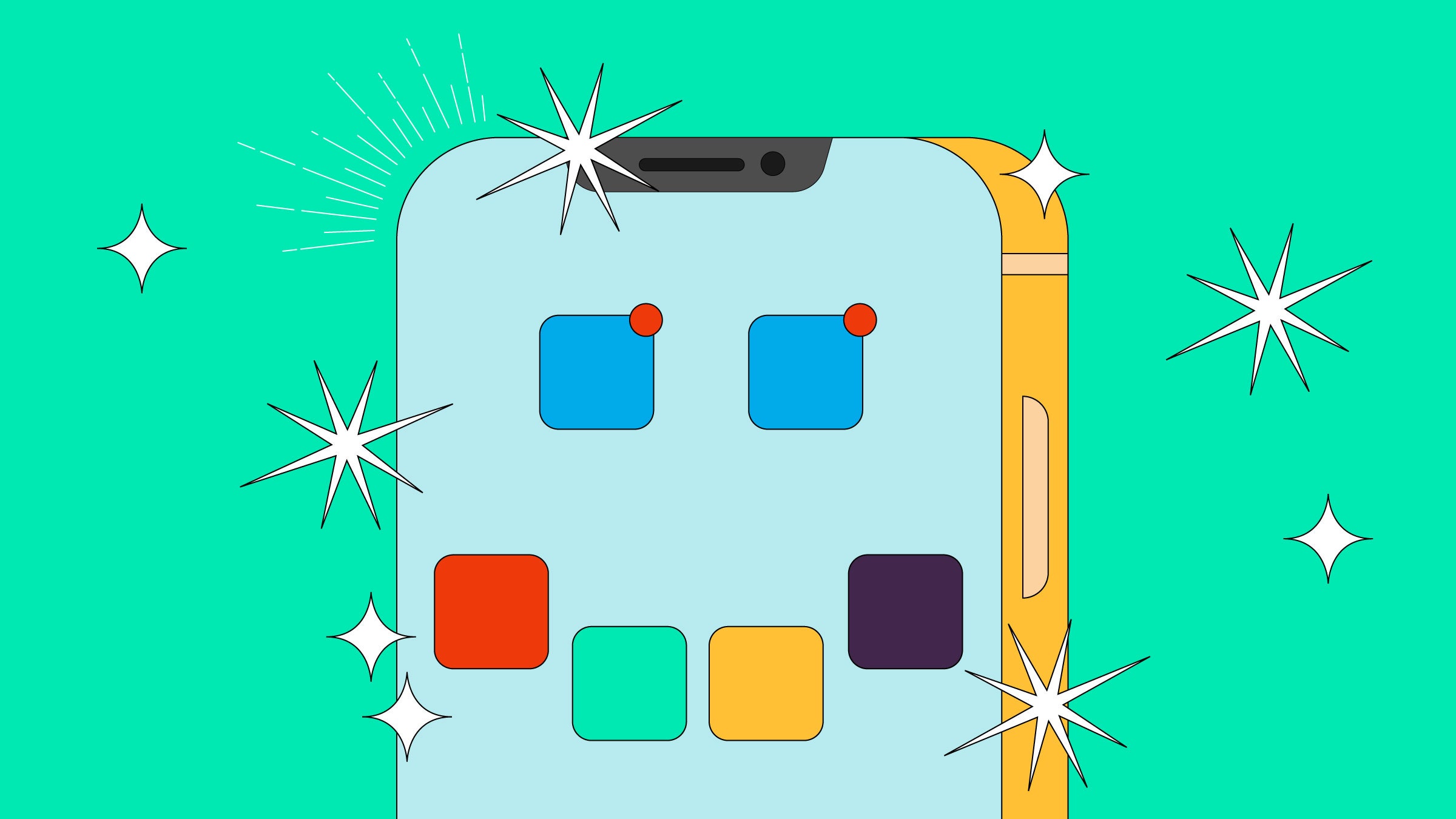Illustration eines glitzernden Smartphones mit Apps, die ein Smiley bilden