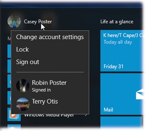 Ihr Kontosymbol ist nicht nur ein Symbol;  es ist auch ein Popup-Menü.  Klicken Sie darauf, um die Befehle „Abmelden“ und „Sperren“ sowie eine Verknüpfung zu Ihren Kontoeinstellungen anzuzeigen.