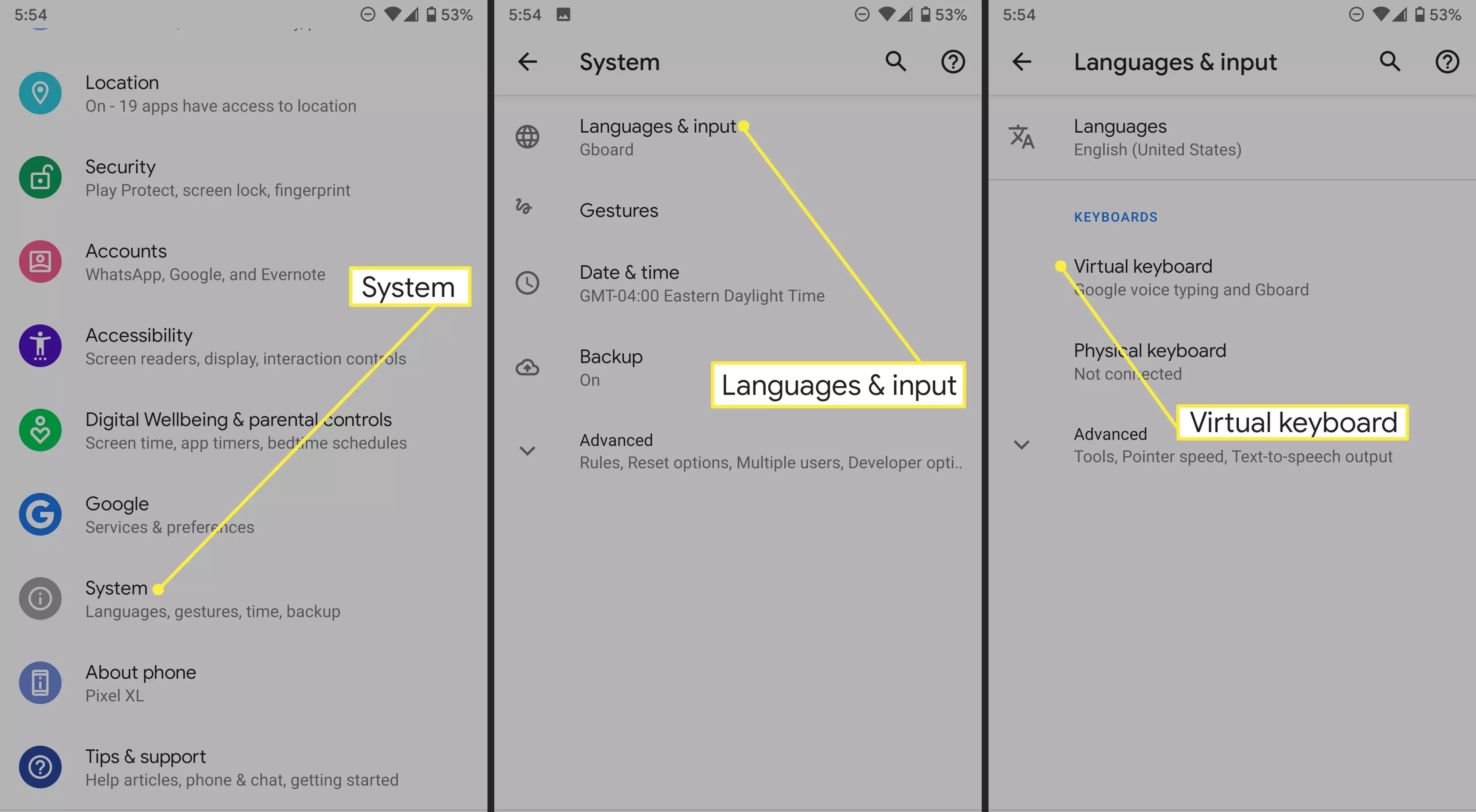 Aktivieren einer Tastatur und Festlegen als Standard in Android.