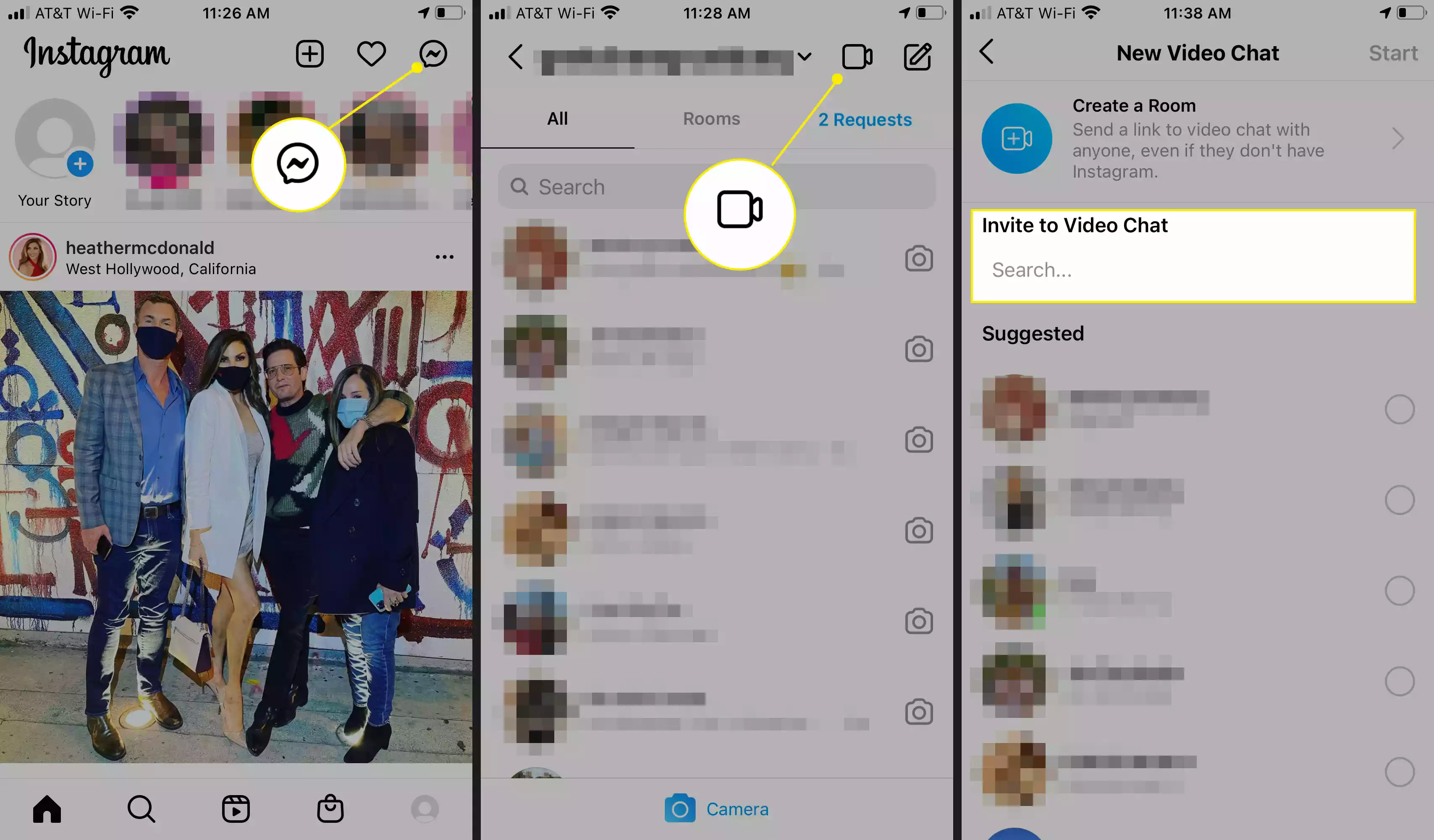 Tippe in Instagram auf Messenger, Videokamera und wähle dann einen Freund aus, mit dem du chatten möchtest