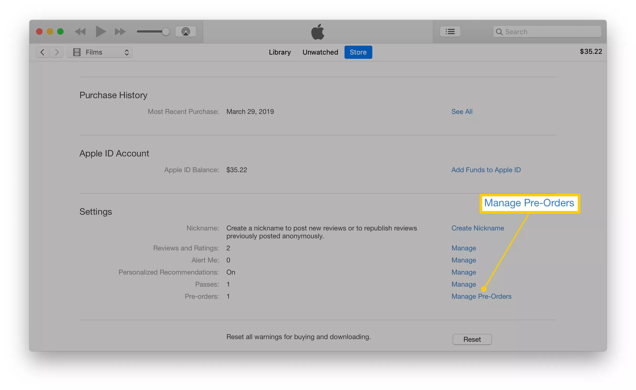 iTunes-Screenshot, der zeigt, wie Sie Ihre Vorbestellungen finden