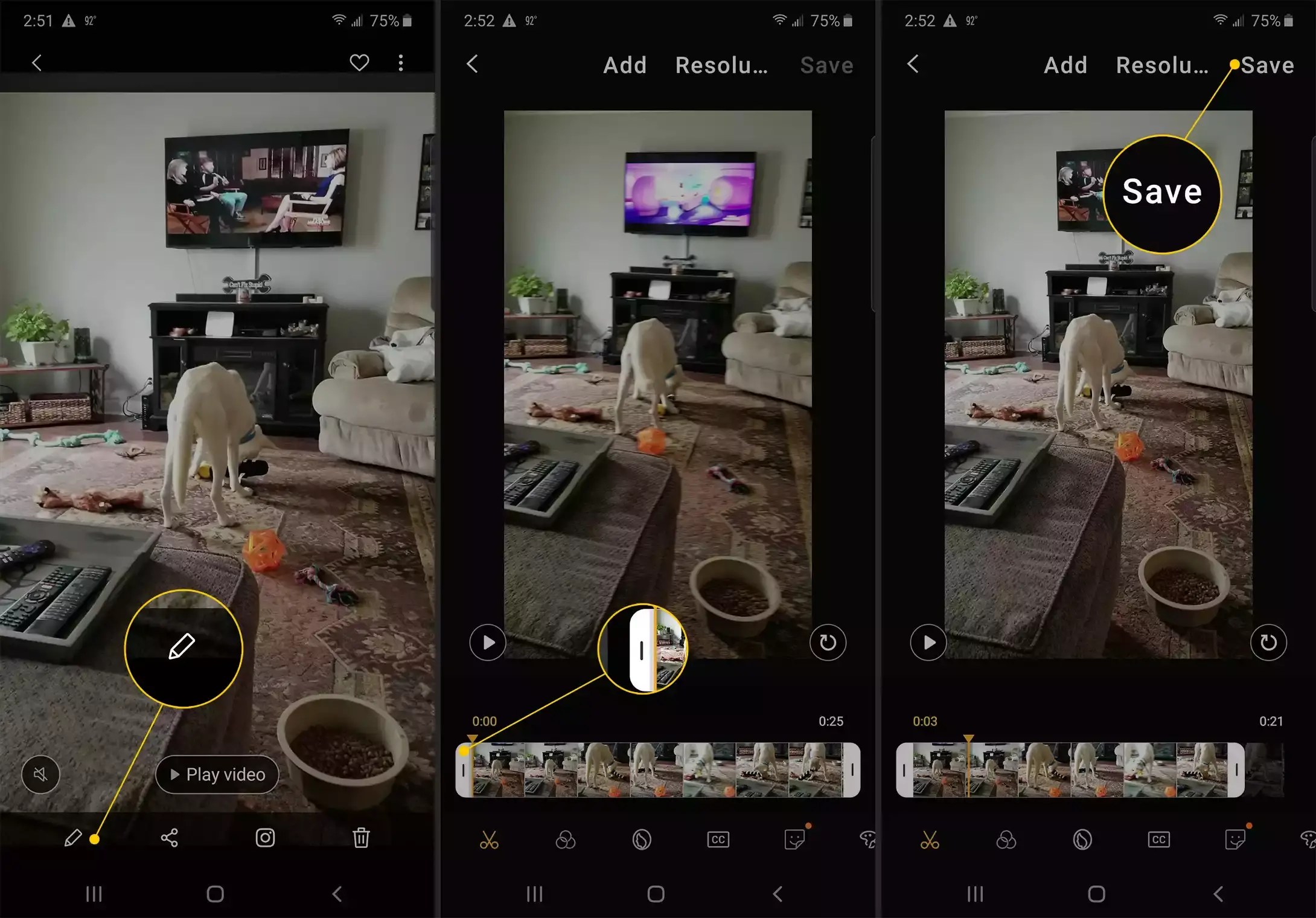 Bleistiftsymbol, Zuschneidegriff, Schaltfläche Speichern in Android-Videobearbeitung