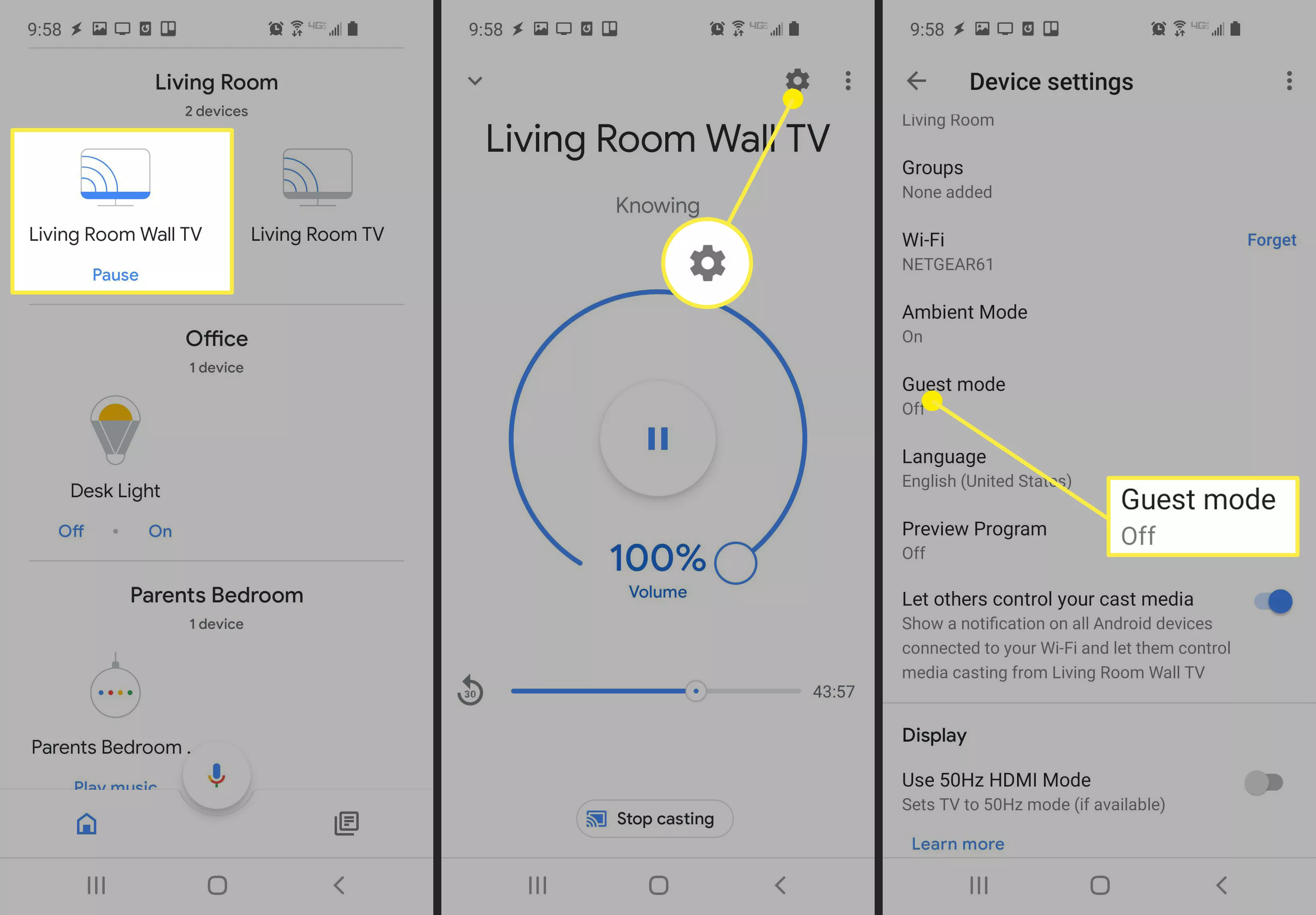 Screenshots, die zeigen, wie Sie den Chromecast-Gastmodus in einer mobilen App finden.