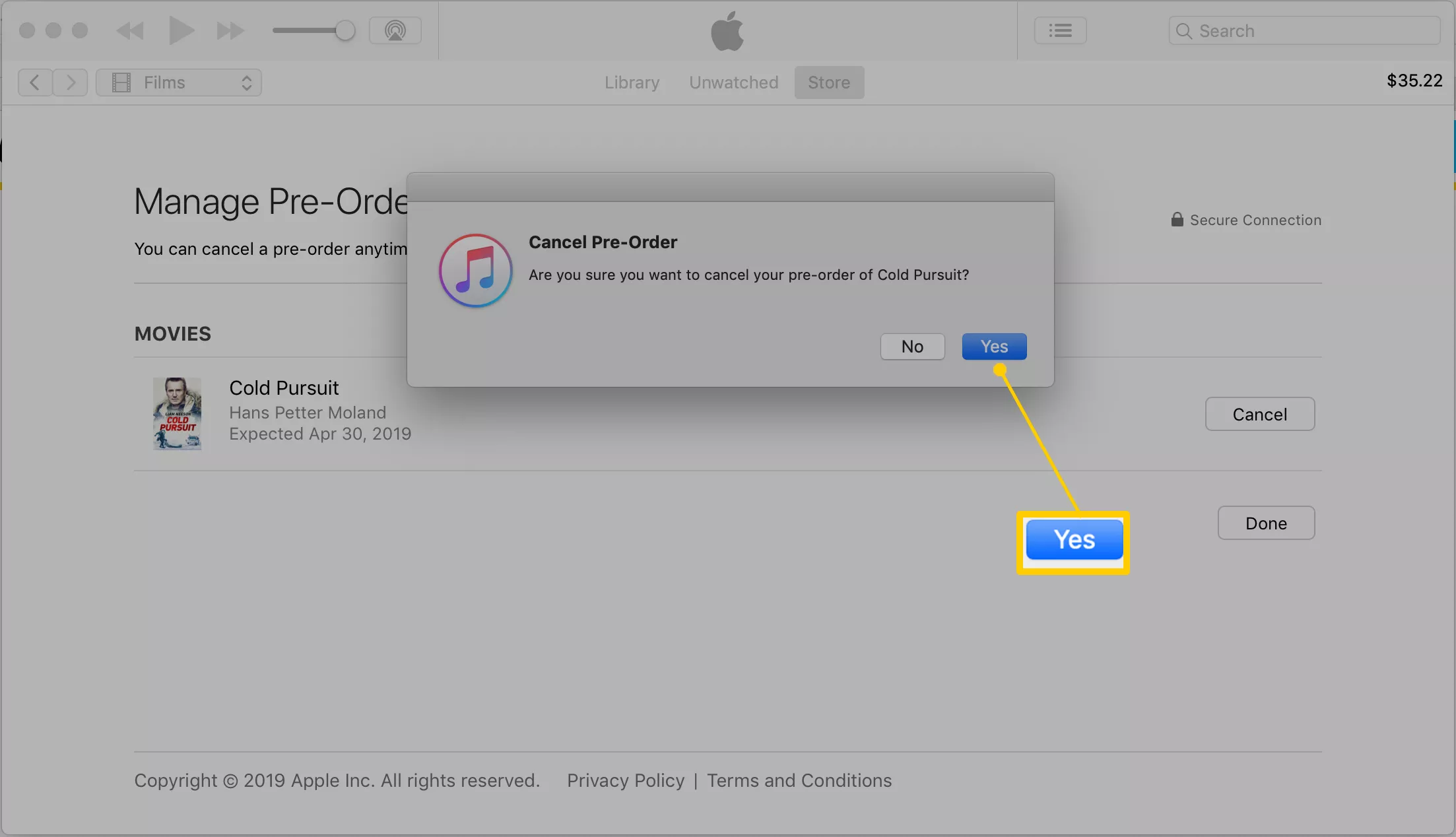 iTunes-Screenshot mit dem „Ja“-Button, der angeklickt werden muss, um eine Vorbestellung zu stornieren