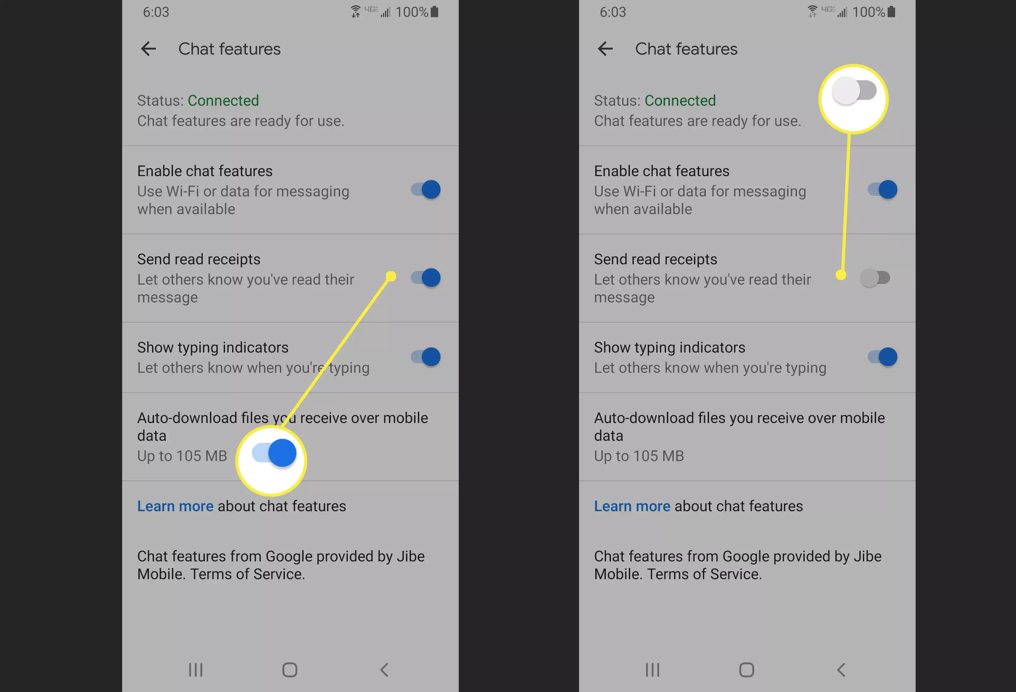 Lesebestätigungen für Android Messages ein- und ausschalten.
