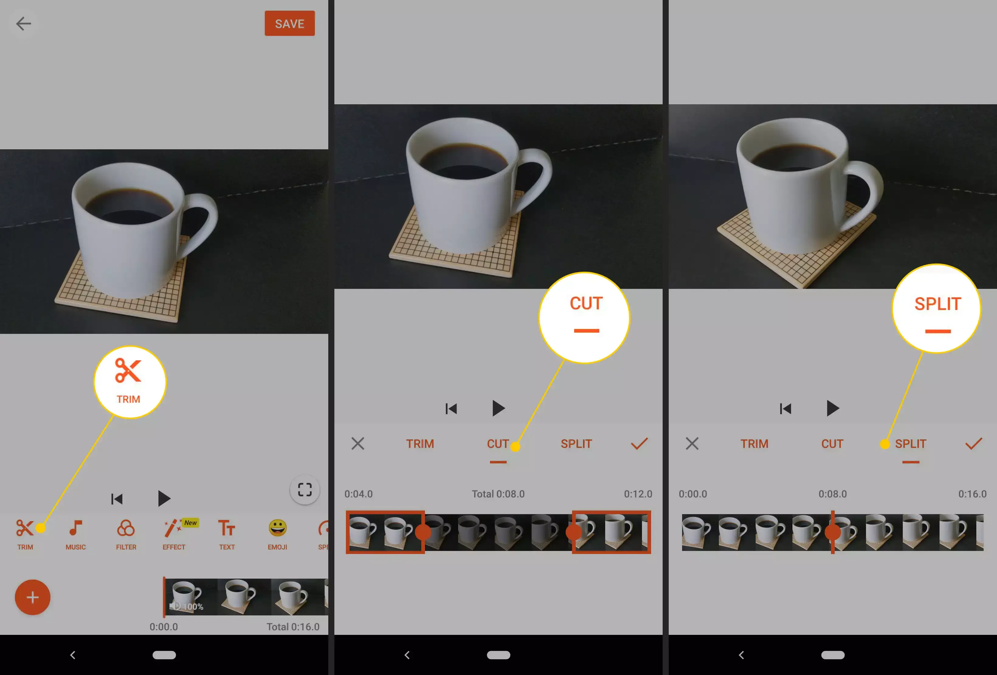 Trim-, Cut-, Split-Schaltflächen in der Android-Videobearbeitungs-App