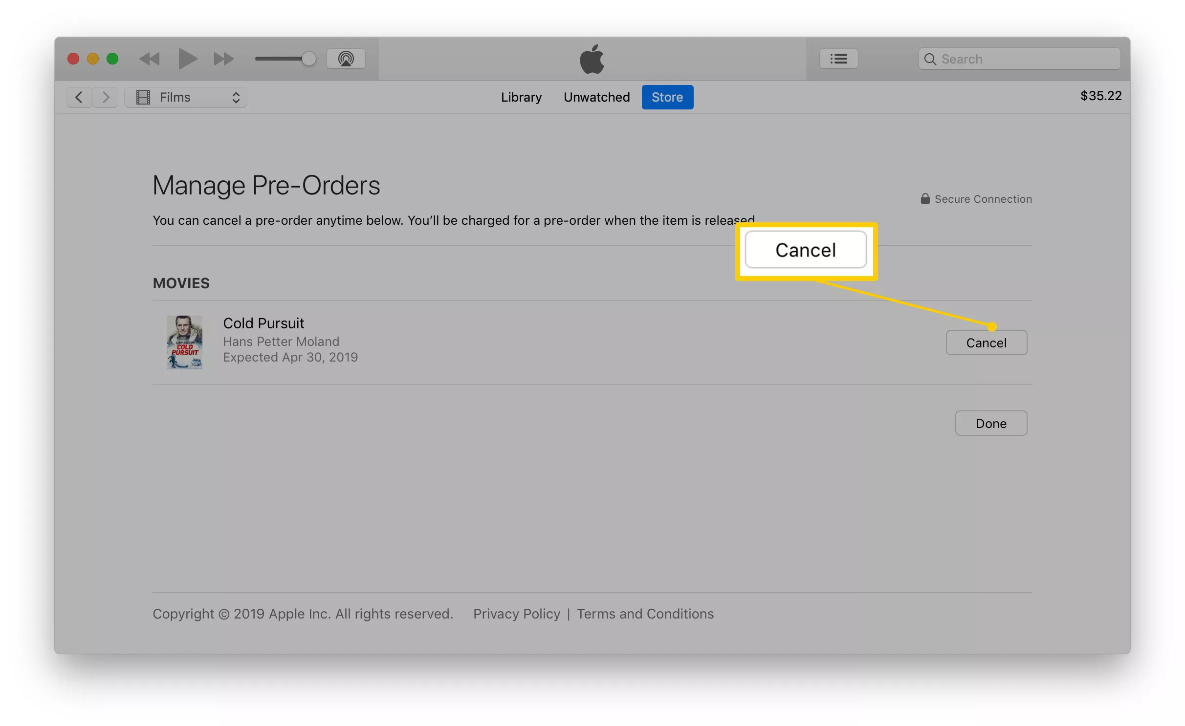 iTunes-Screenshot, der zeigt, wo sich die Schaltfläche "Vorbestellung stornieren" befindet
