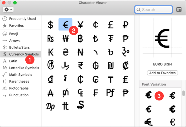 Euro-Symbol aus Mac Character Viewer einfügen