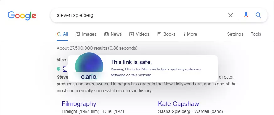Clario prüft, ob die Suchergebnisse sicher geöffnet werden können