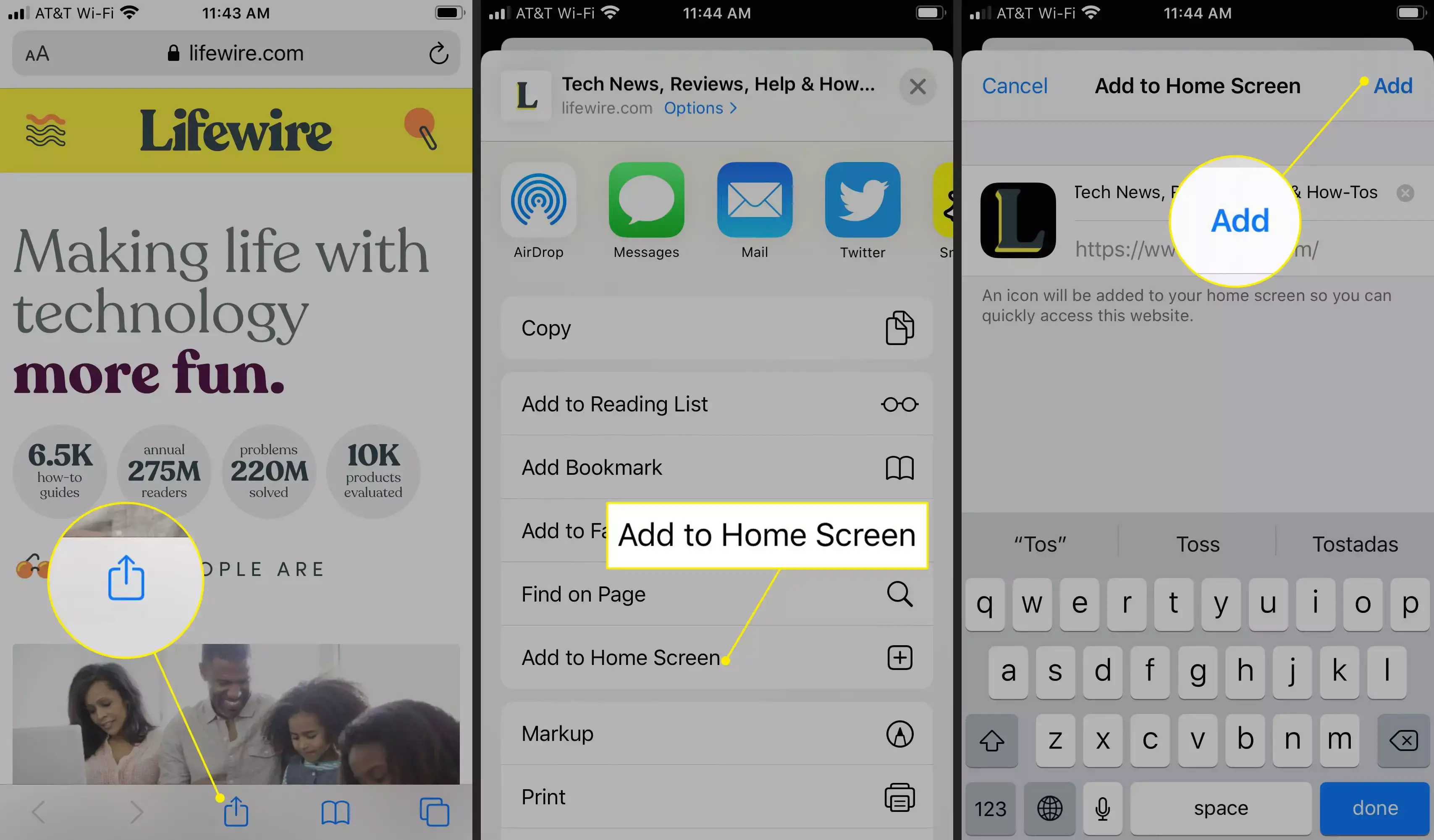 Die Befehle Teilen, Zum Startbildschirm hinzufügen und Hinzufügen in Safari für iOS