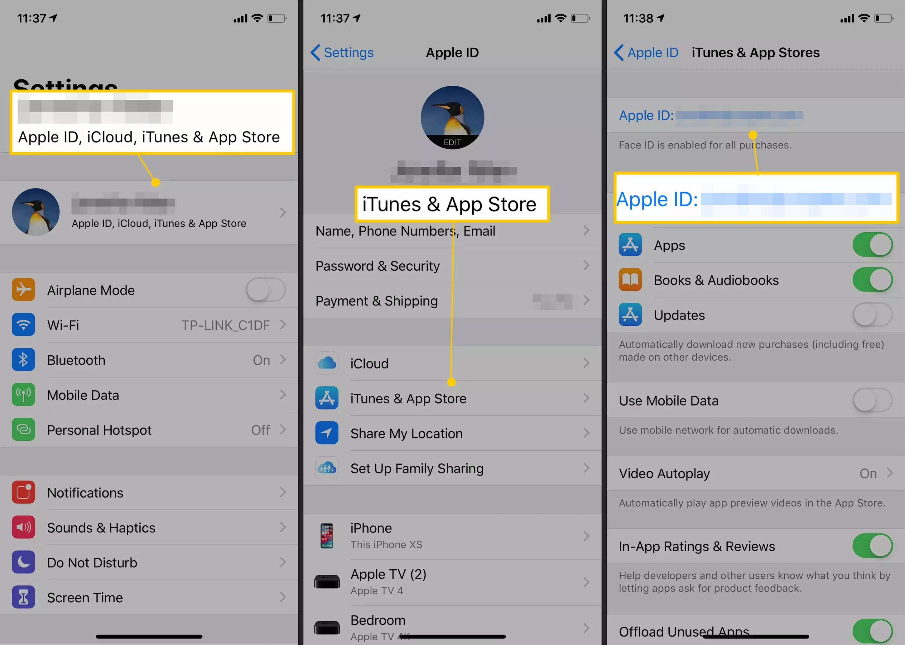iPhone-Screenshots, die zeigen, wie Sie den iTunes- und App Store-Teil der Einstellungen erreichen reach