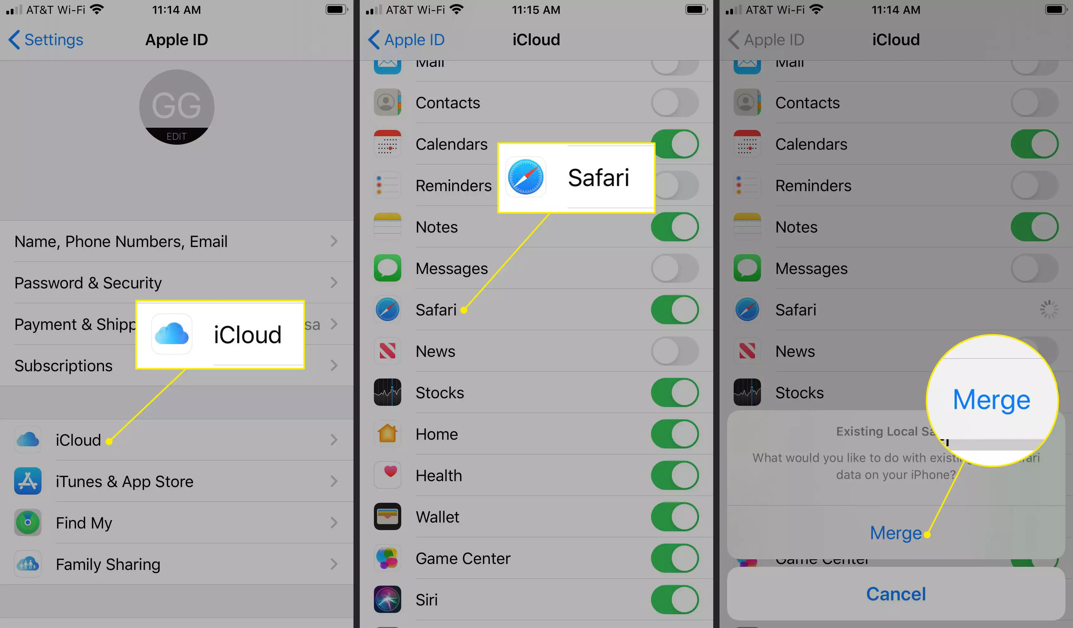 iOS-Einstellungen mit iCloud, Safari und den hervorgehobenen Schaltflächen zum Zusammenführen