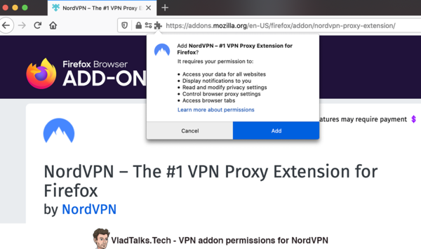 VPN-Add-On-Berechtigungen für NordVPN - Firefox
