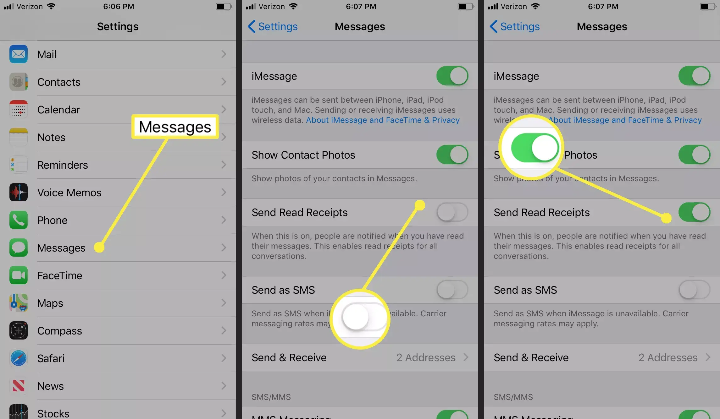 Lesebestätigungen in Apple Messages ein- und ausschalten.