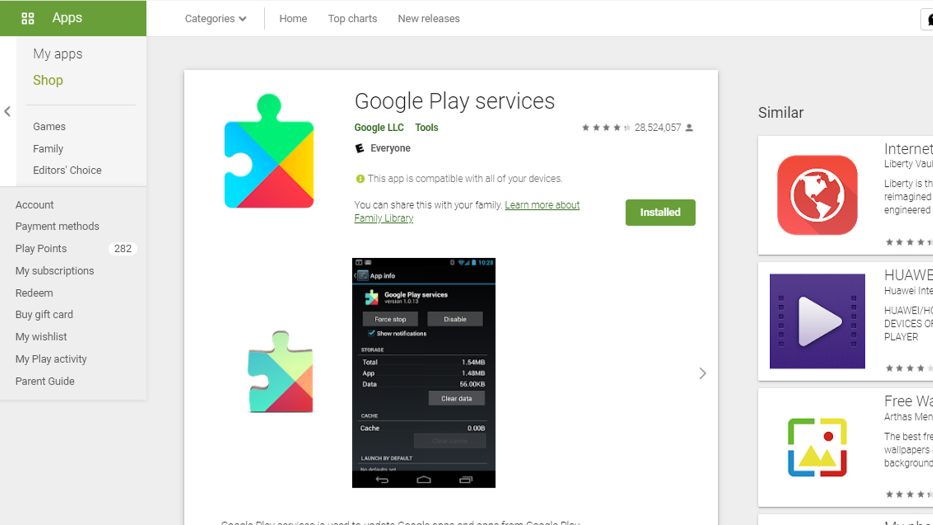 Play Store-Seite der Google Play-Dienste