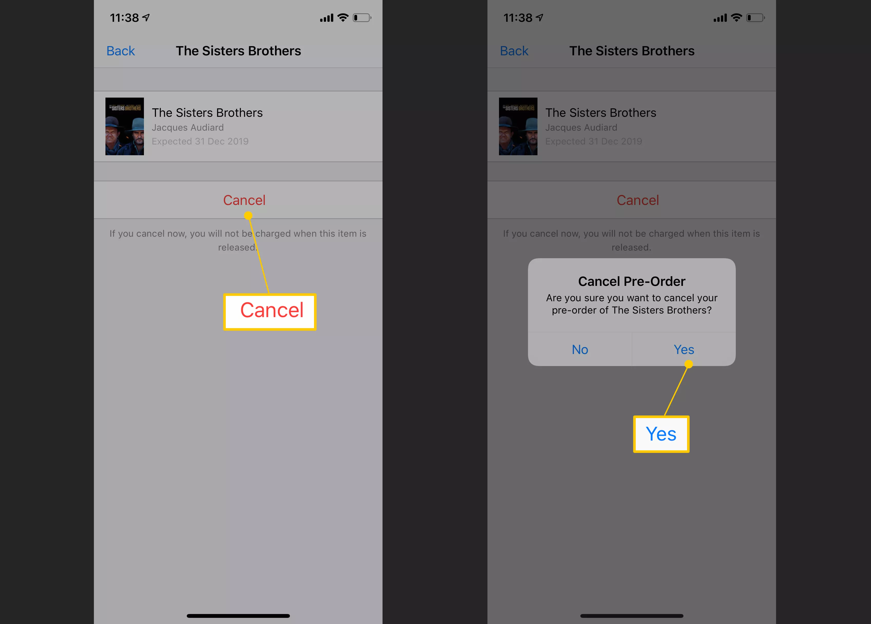 iPhone-Screenshots, die zeigen, wie man eine iTunes-Vorbestellung storniert