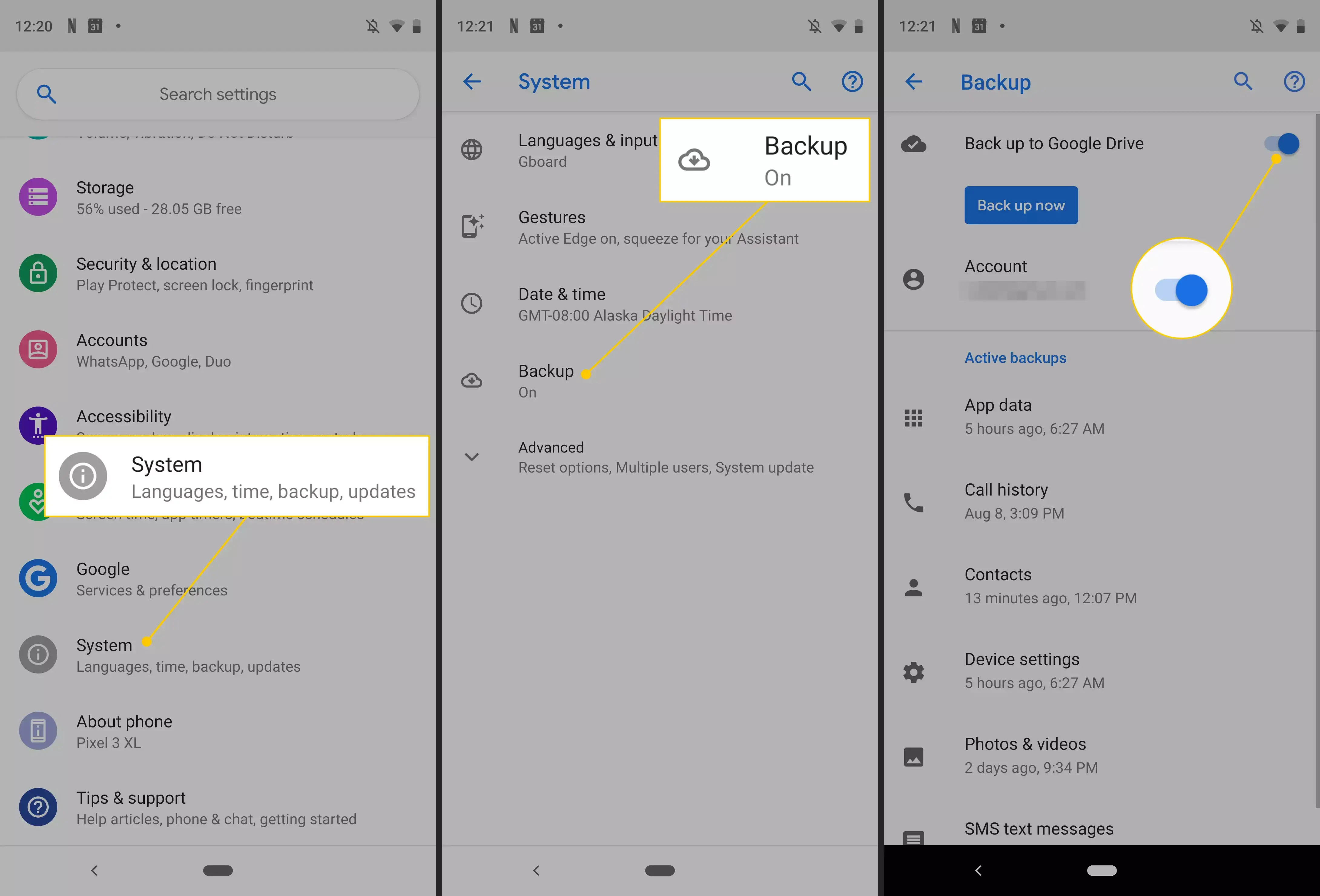 System, Backup, Backup auf Google Drive in den Android-Einstellungen umschalten