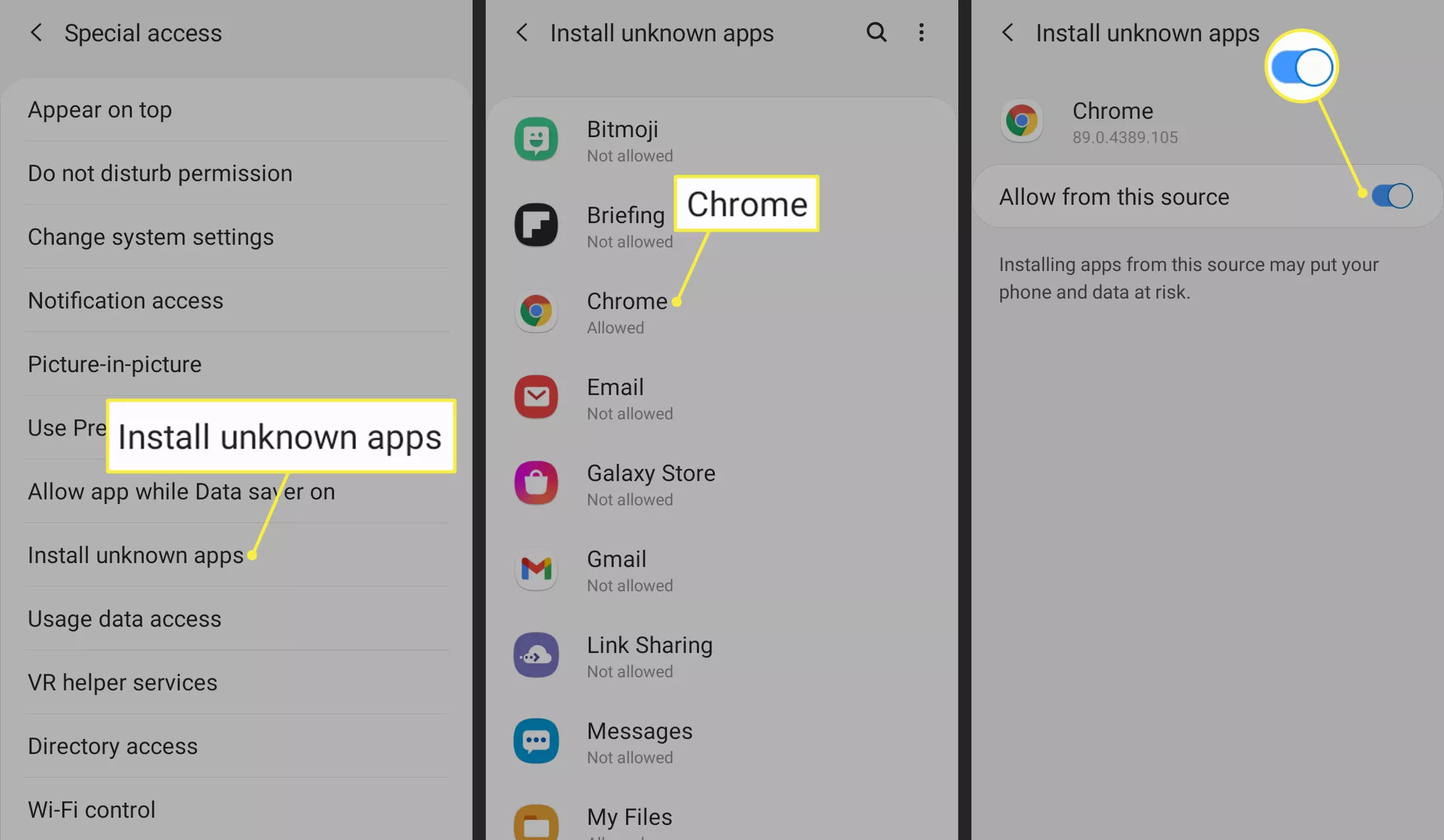 Unbekannte Apps installieren, Chrome und von dieser Quelle zulassen umschalten in den Android-Einstellungen