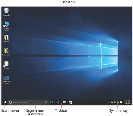 Der Desktop kehrt in Windows 10 als Ausgangspunkt für alle zurück.  Es ist wieder das Erste, was Sie nach der Anmeldung sehen. Es hat ein glänzendes, sauberes, neues Aussehen, aber die altehrwürdigen Wahrzeichen – Startmenü, Taskleiste, Taskleiste – sind genau dort, wo sie immer waren.