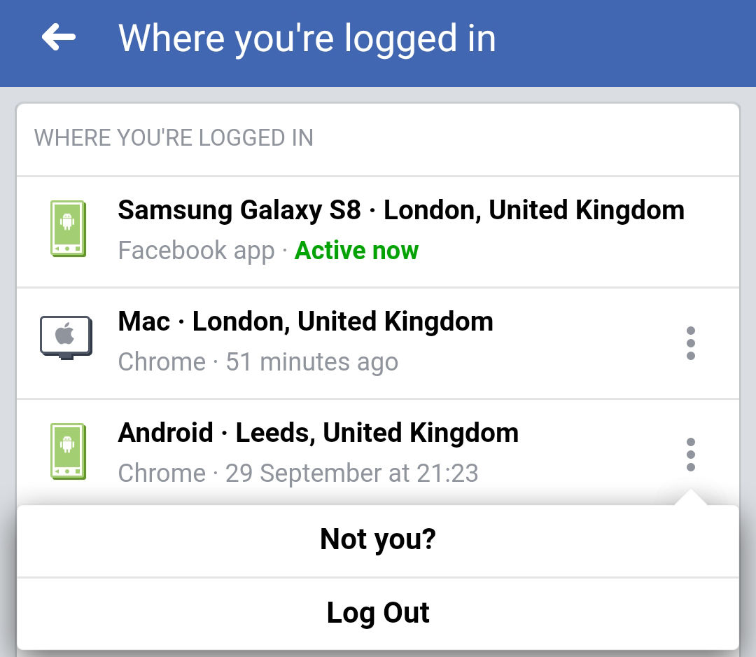 Angemeldete Geräte überprüfen Facebook für Android