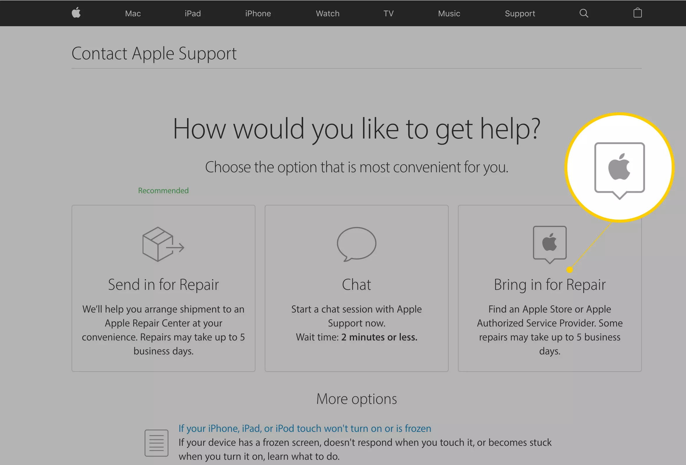 Zur Reparatur einbringen Option auf der Apple Support-Website