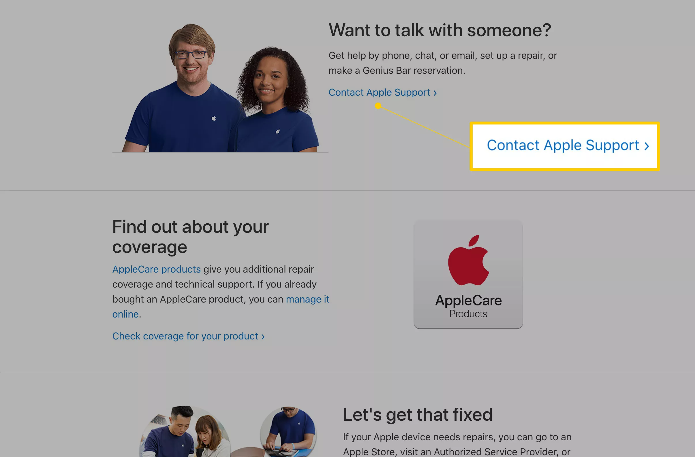 Wenden Sie sich an den Apple Support-Link unter "Möchten Sie mit jemandem sprechen?"  Abschnitt der Support-Website von Apple