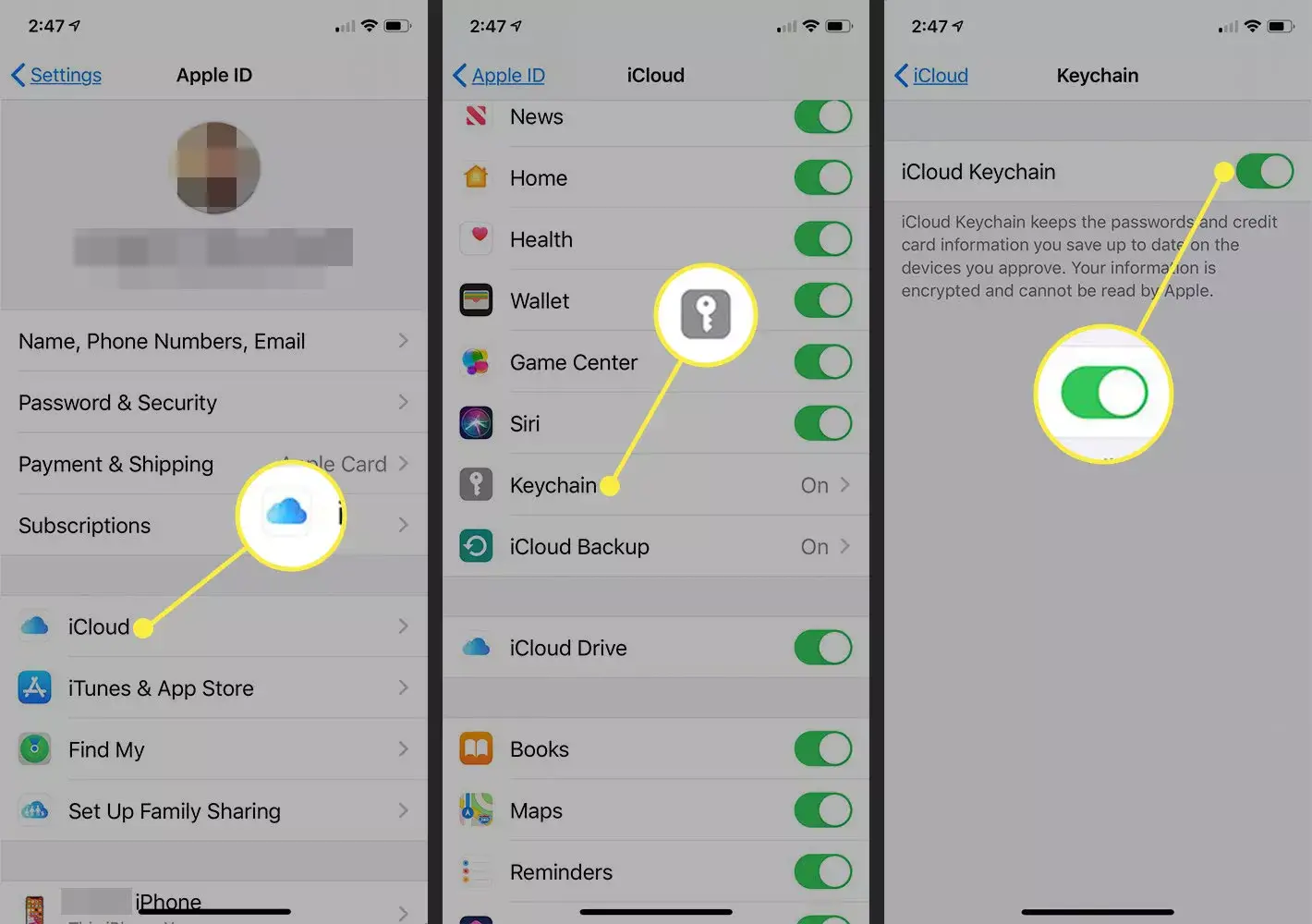 iPhone-Screenshots, die den Pfad zum Aktivieren des iCloud-Schlüsselbunds zeigen