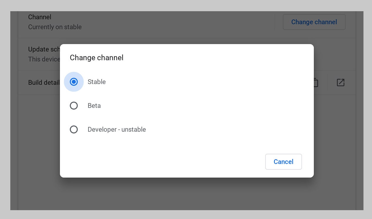 Unter Chrome OS stehen drei Kanäle zur Auswahl.