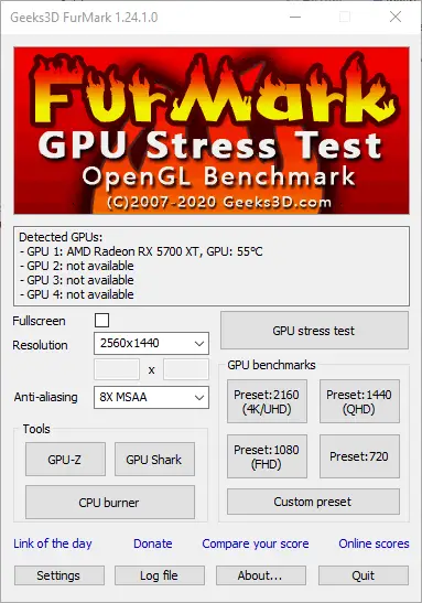 Stresstest GPU Furmark Menü